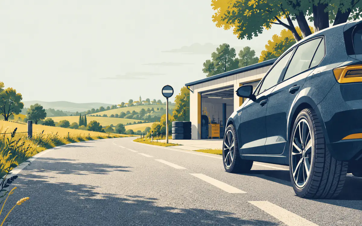Illustration: Reifen, Straße und Werkstatt